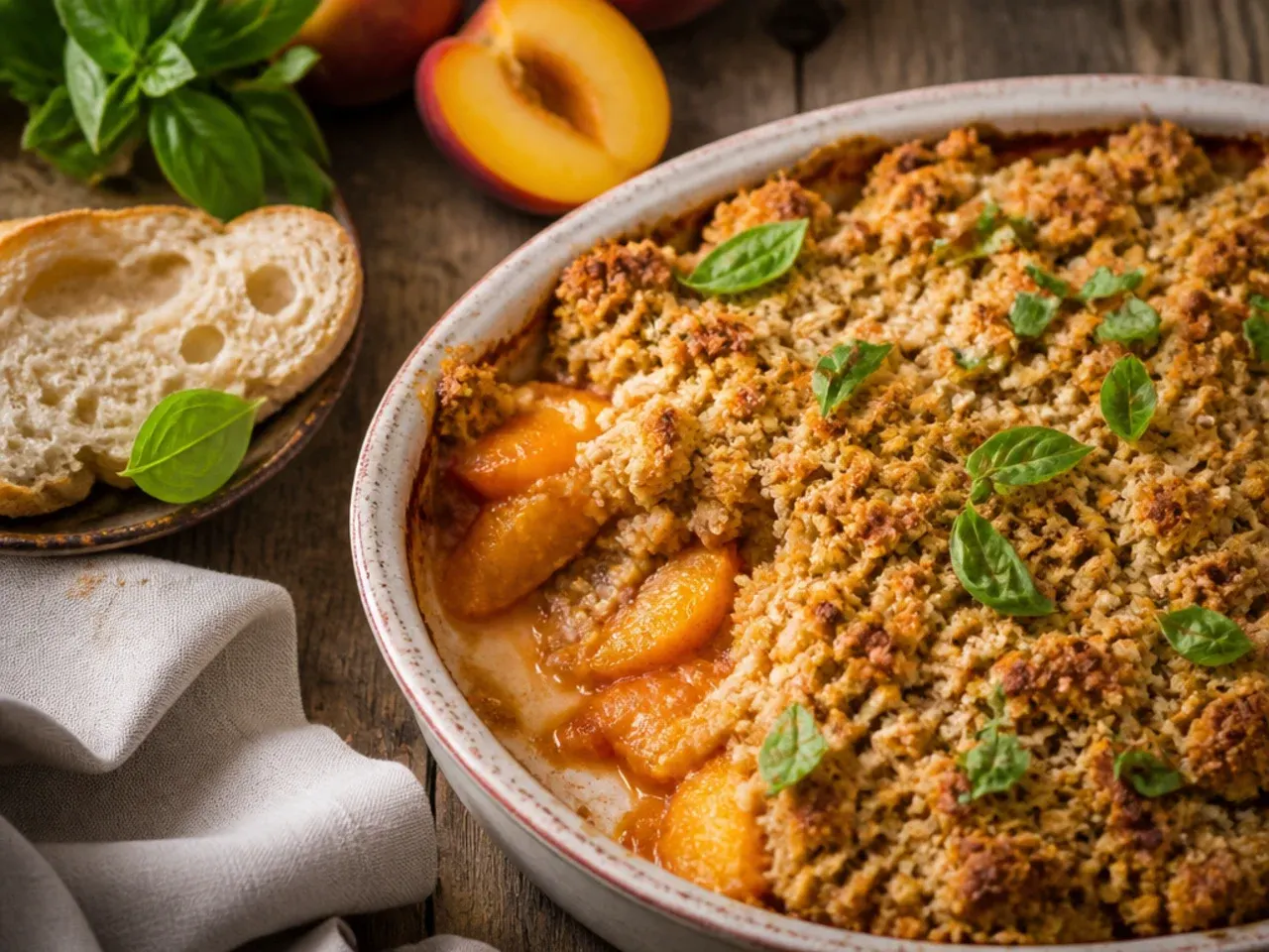 Best ever gluten free peach crisp with browned butter crumble topping