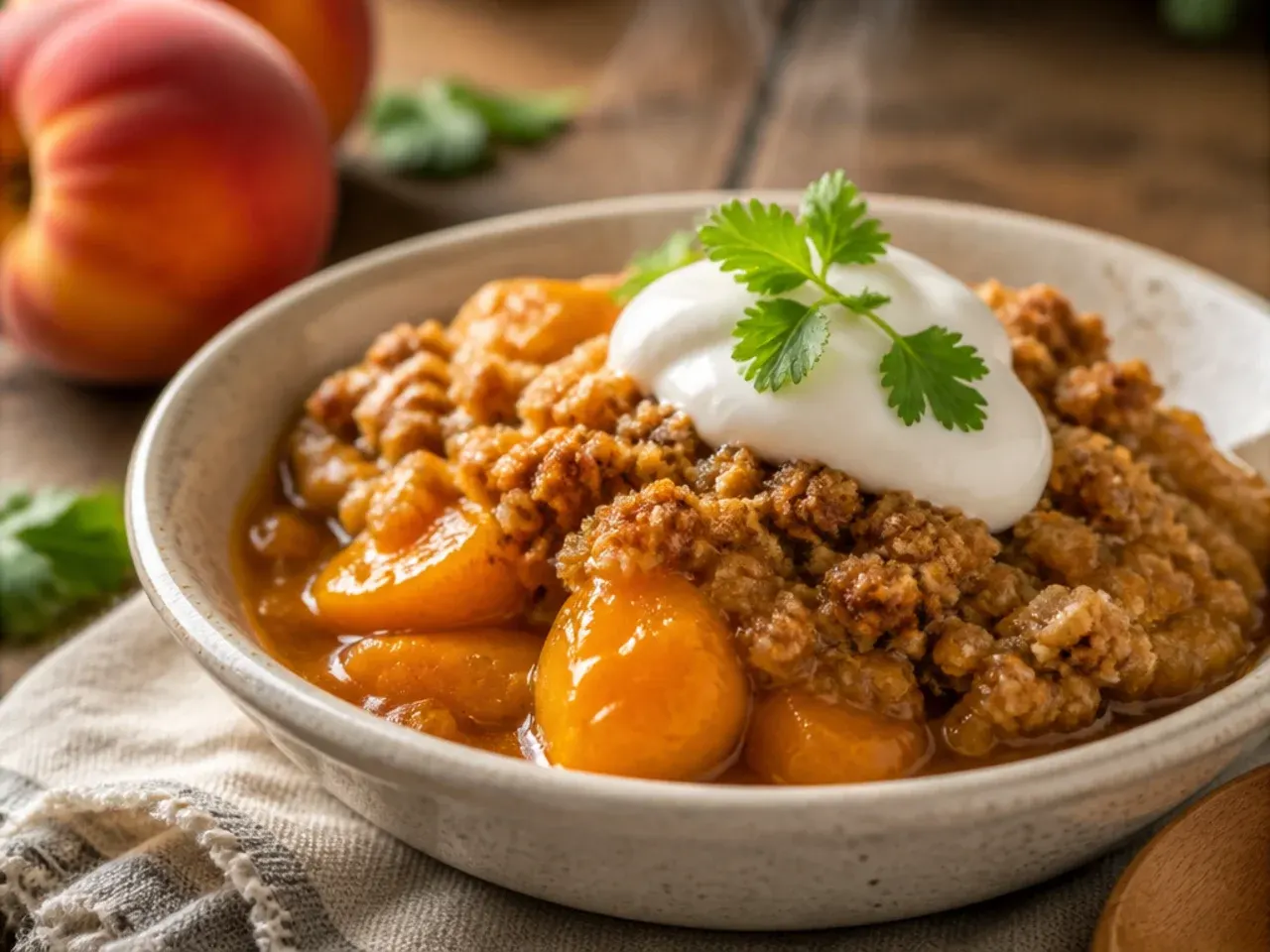 Quick gluten free peach crisp ready in thirty minutes on a cooling rack