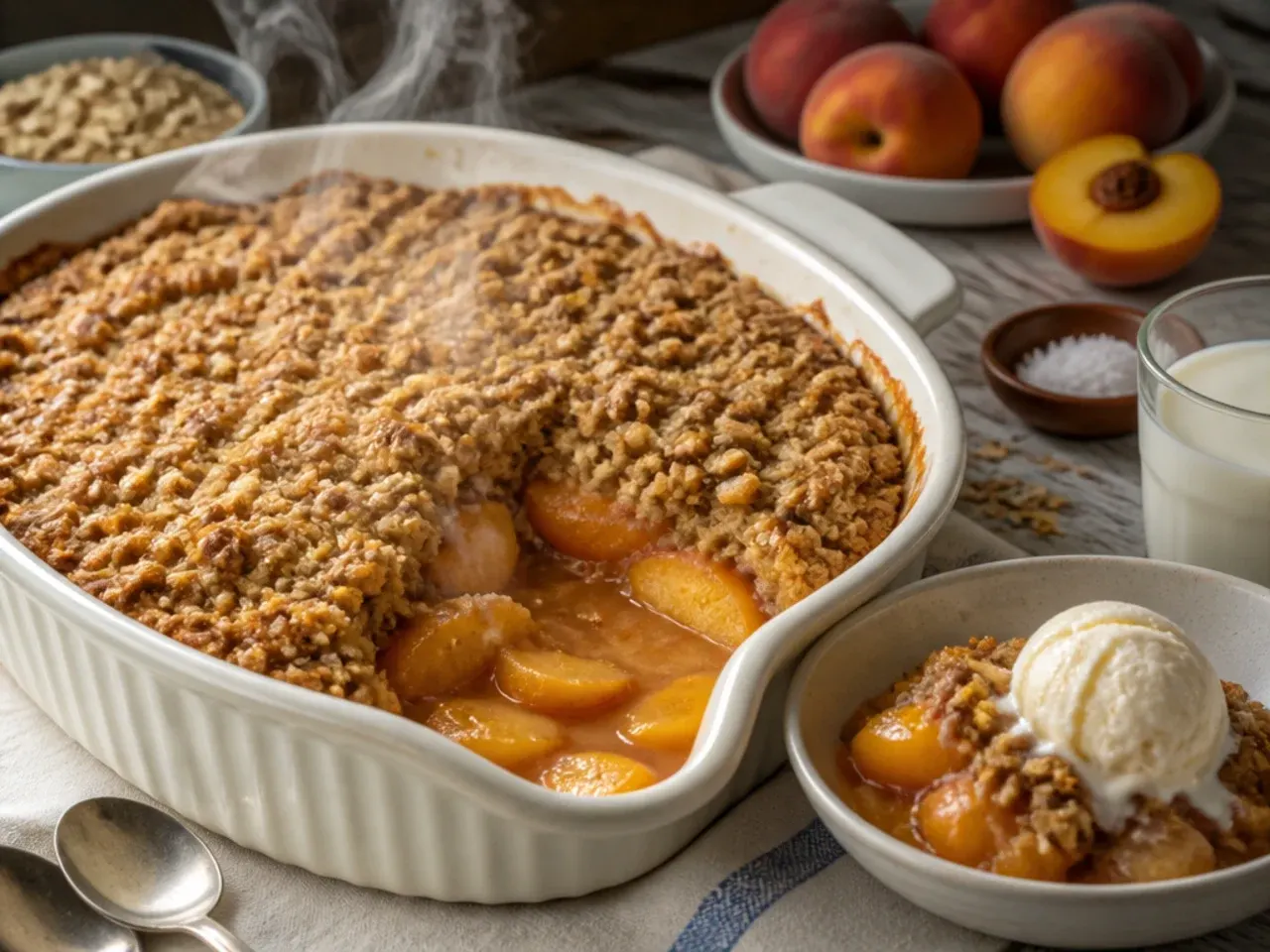 Bowl of gluten free peach crisp served with a scoop of vanilla ice cream