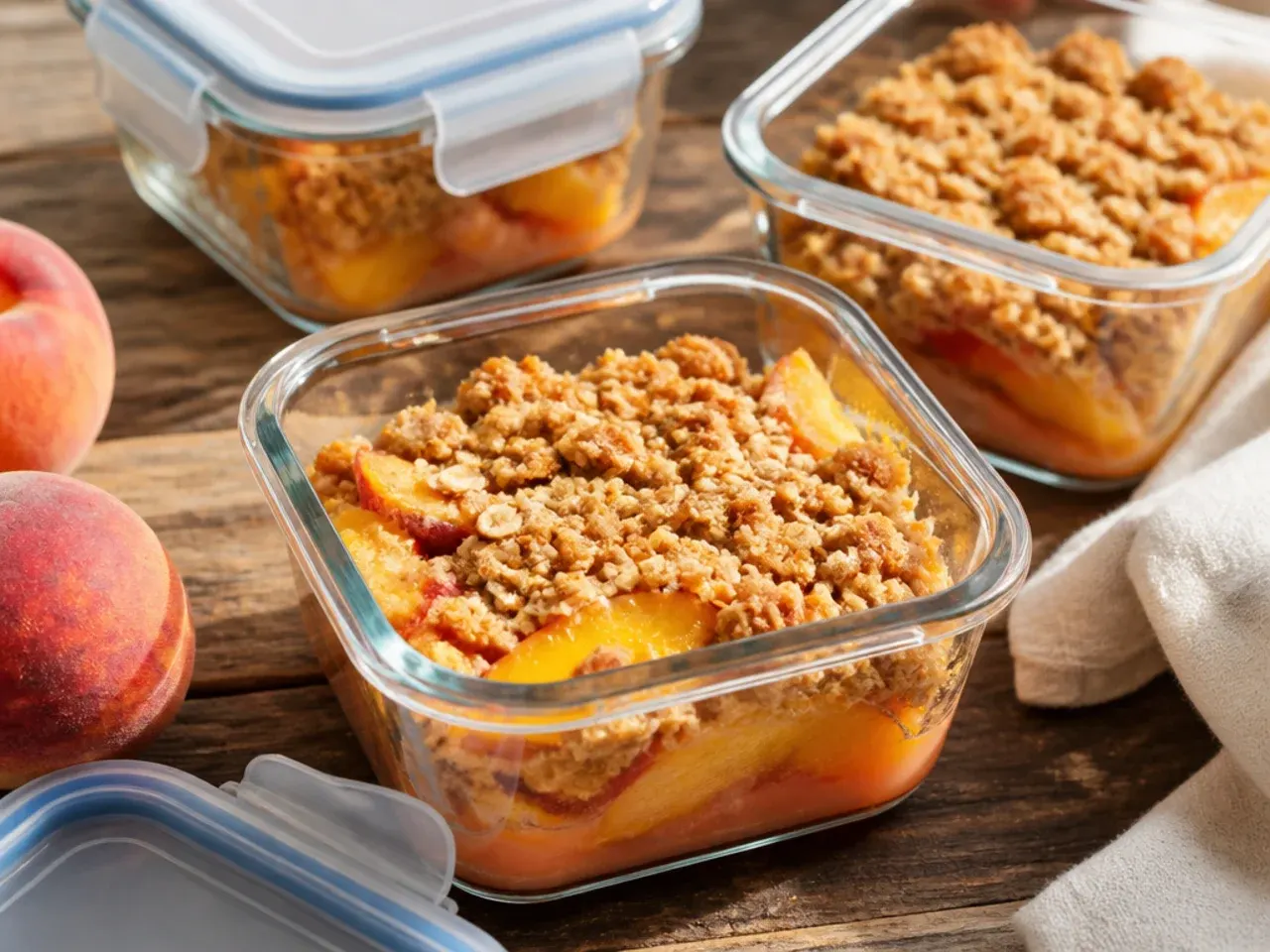 Gluten free peach crisp leftovers stored in an airtight container