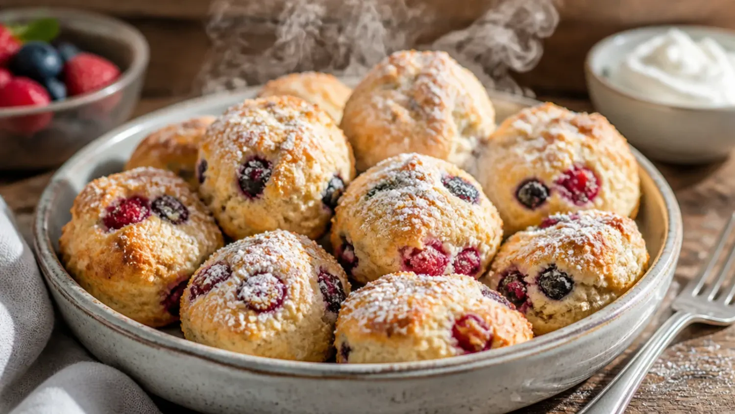 Freshly baked gluten free scones split open and topped with clotted cream and strawberry jam on a wooden board