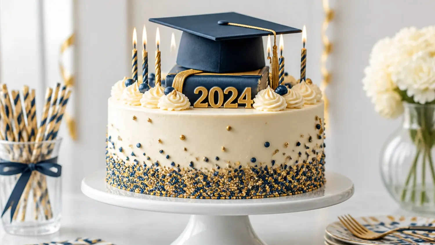 A black and gold graduation cake decorated with a fondant cap and diploma, surrounded by smaller matching cupcakes