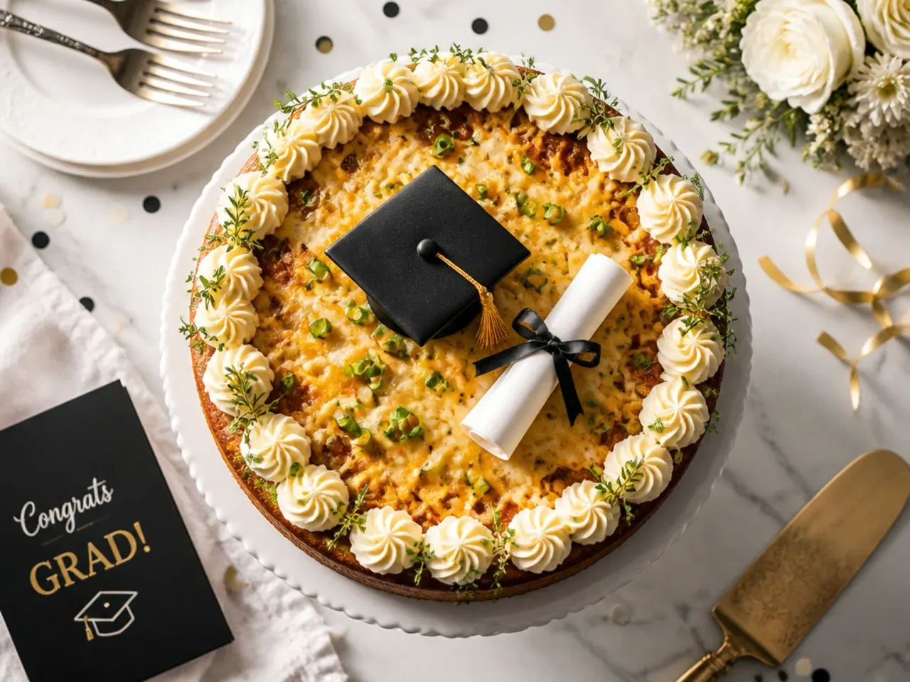 Close-up of a fondant graduation cap and rolled diploma topper on a frosted cake