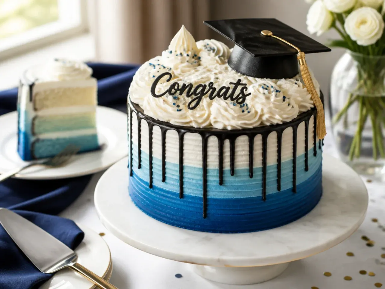 Sheet cake frosted in an ombre gradient of gold buttercream from dark to light