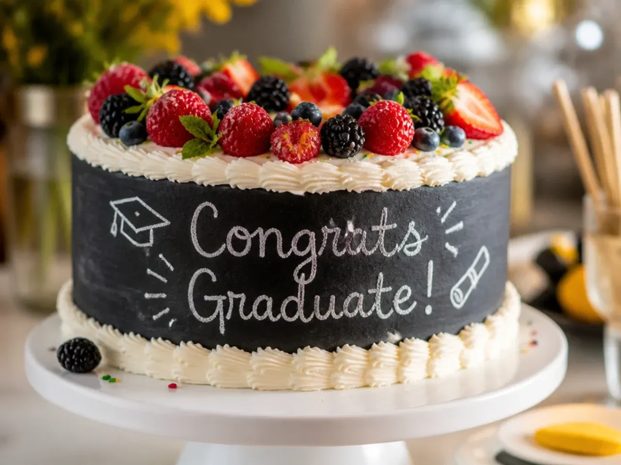 Dark chocolate buttercream cake piped with a white chalkboard-style graduation message