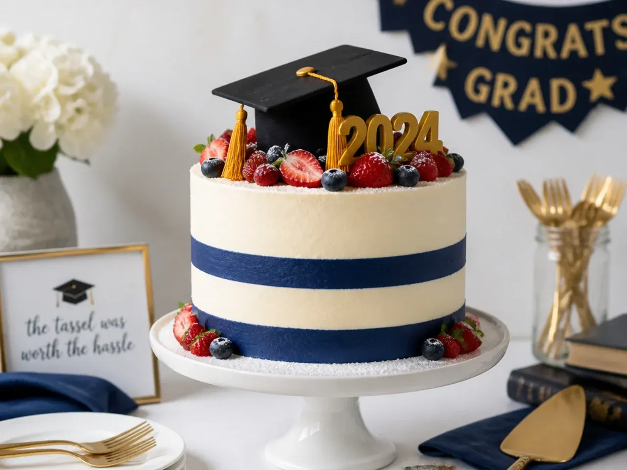 Sheet cake with clean alternating colour stripes in navy and gold buttercream