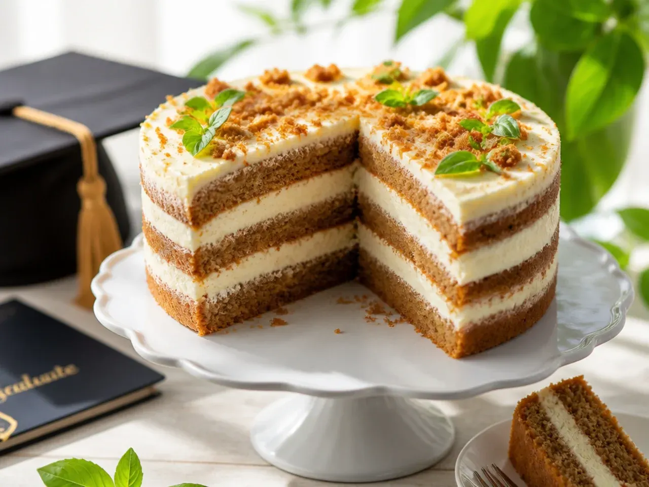 Cross-section of a layered cake showing a creamy cheesecake filling between vanilla sponge