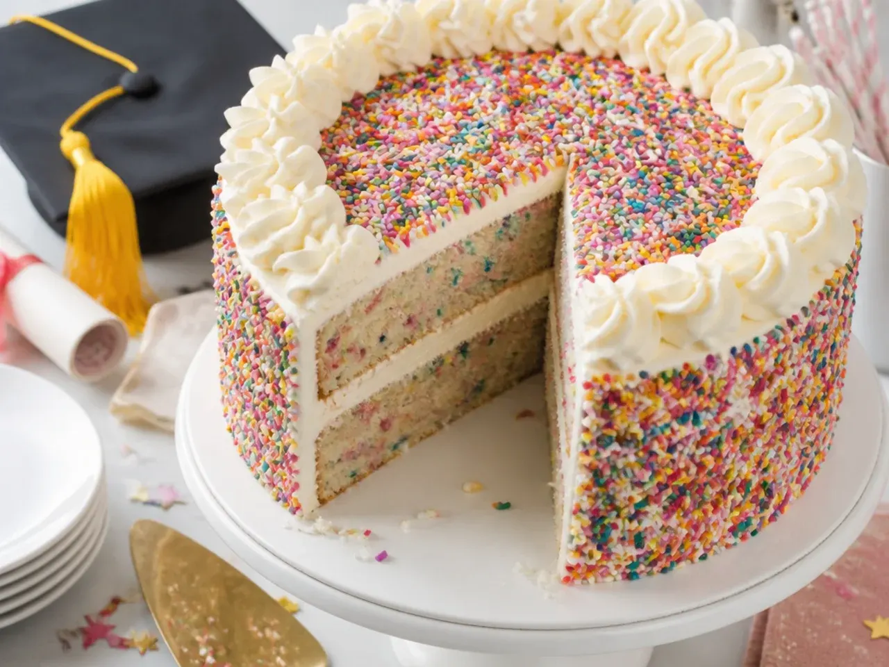 Slice of confetti cake showing colourful sprinkles baked throughout the sponge