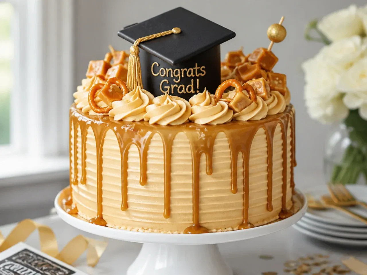Sheet cake with a golden caramel drip running down the sides and a cap topper on top