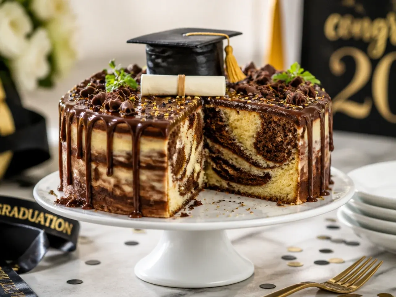 Slice of marble cake showing swirled dark chocolate and vanilla sponge