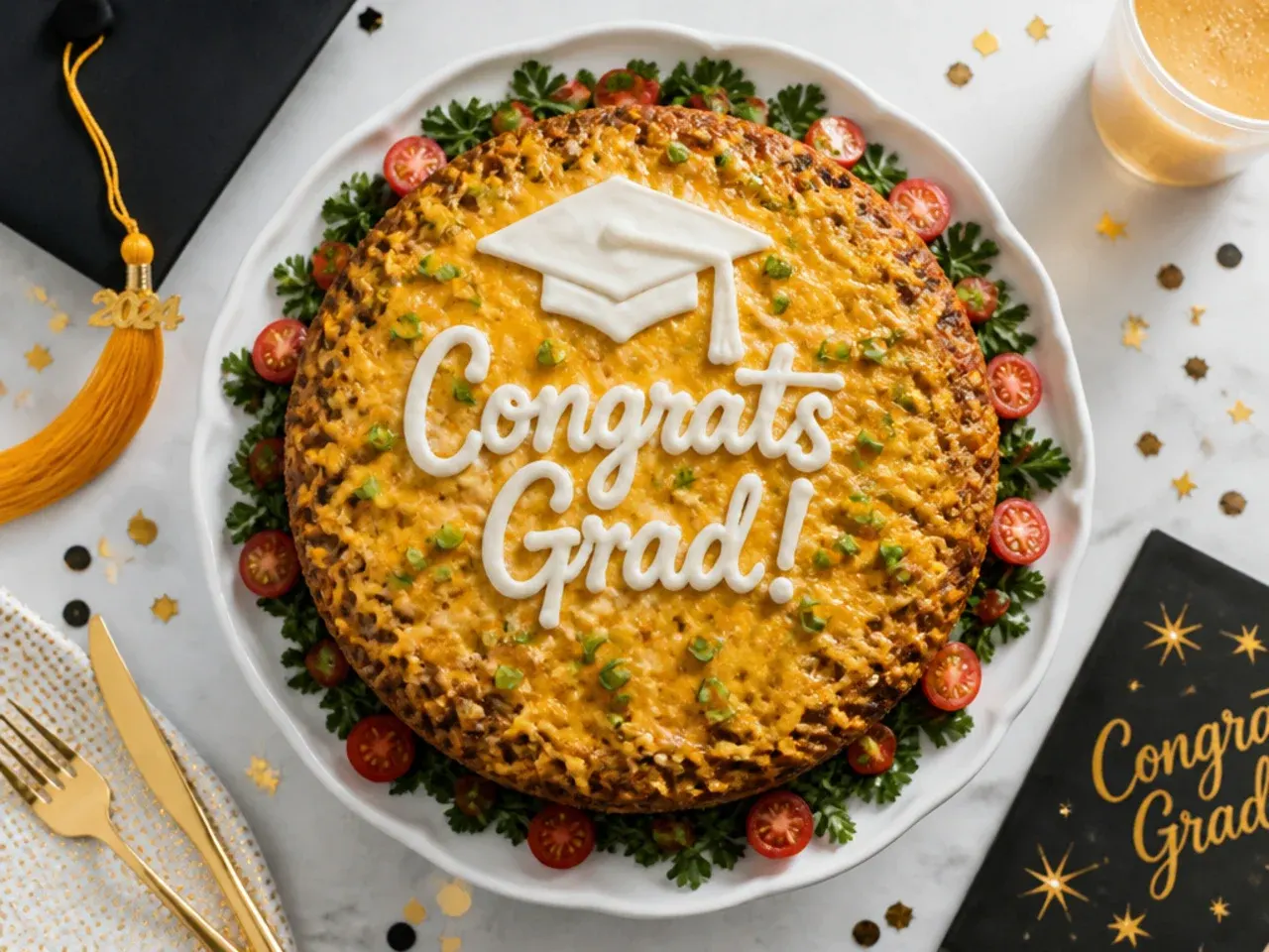 Simple frosted box-mix sheet cake with a printed edible graduation topper