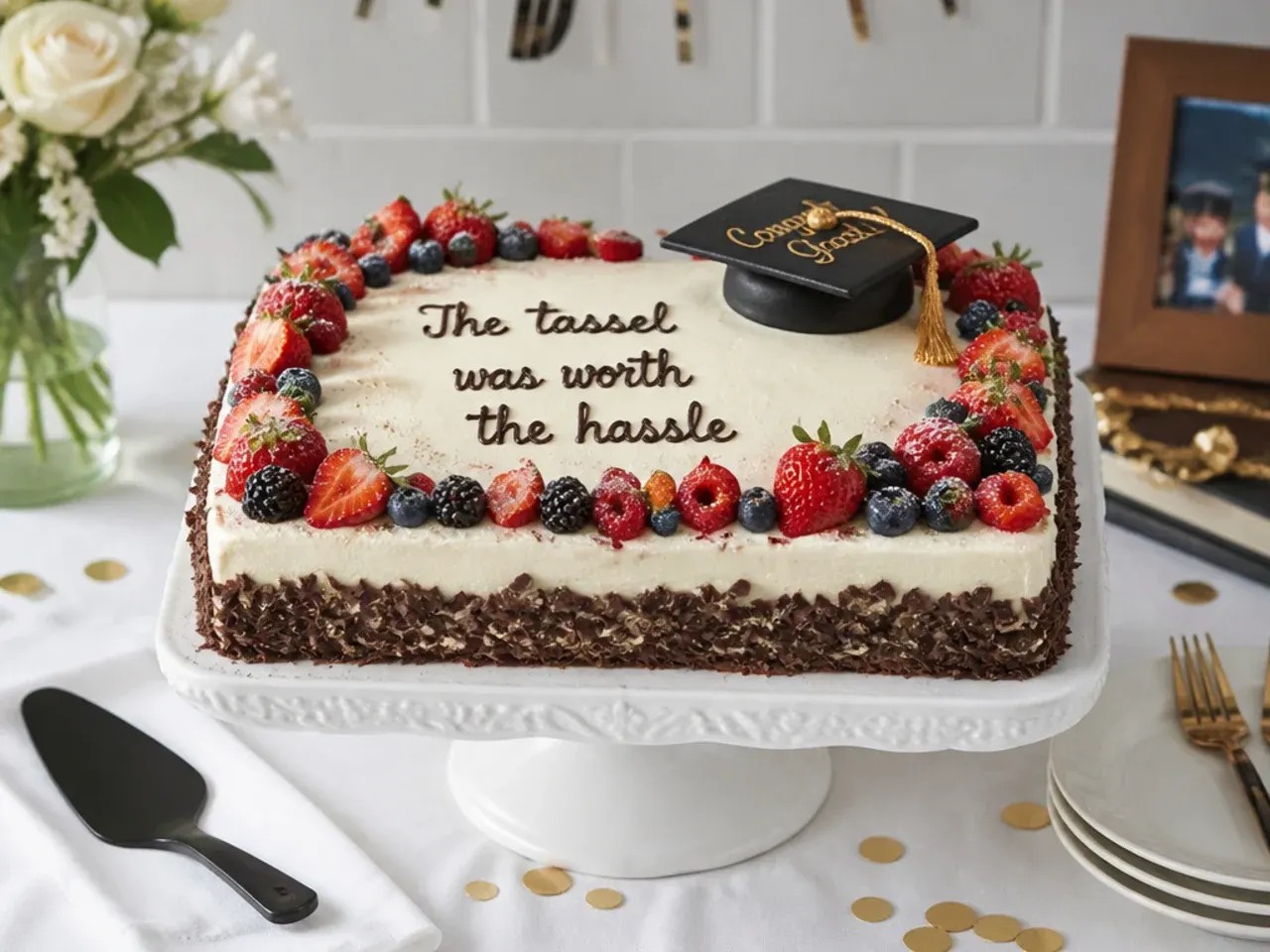 A well-worn family cake recipe card propped next to a finished graduation cake