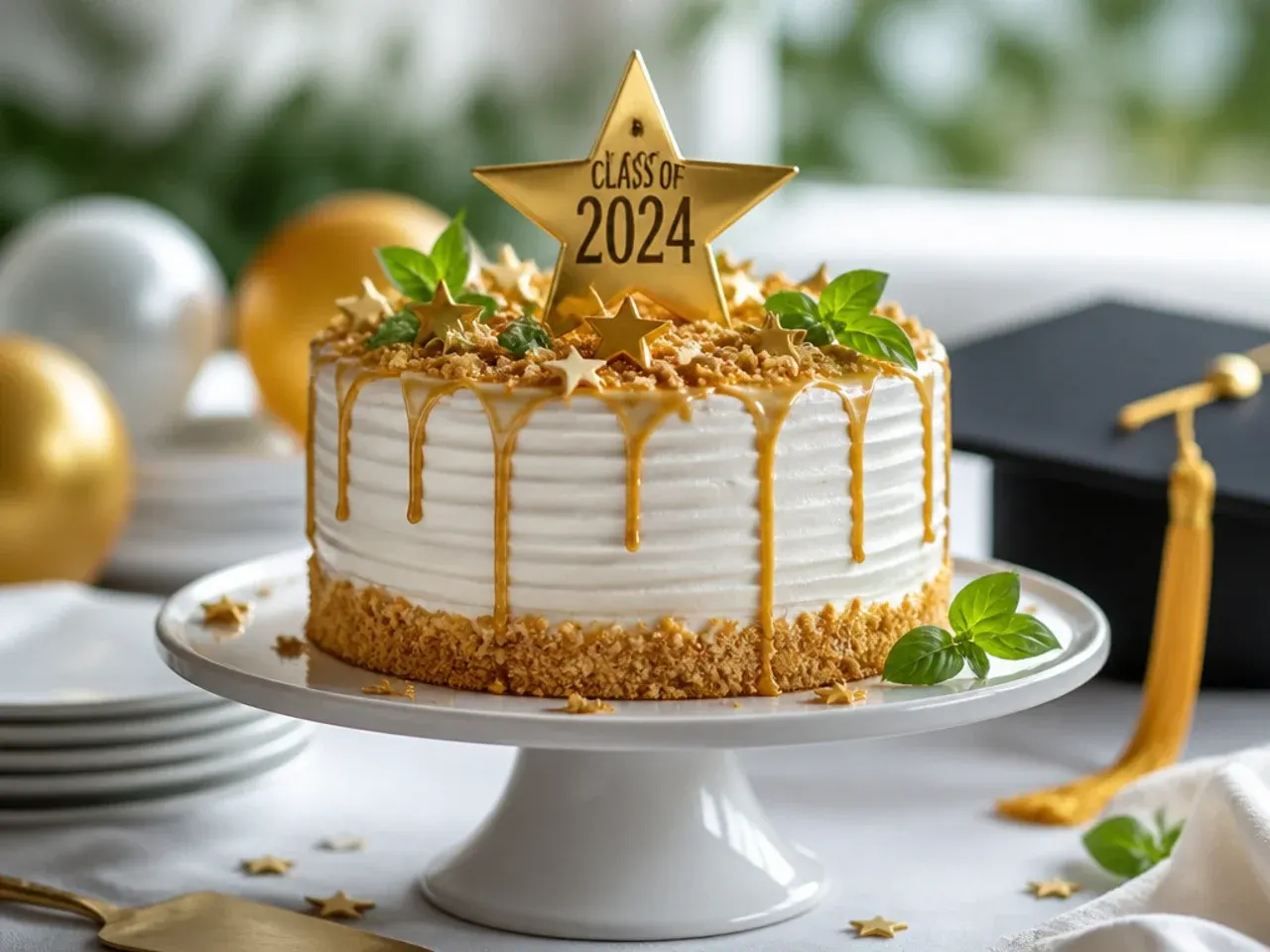 White buttercream cake decorated with scattered gold star sprinkles and a piped graduation year