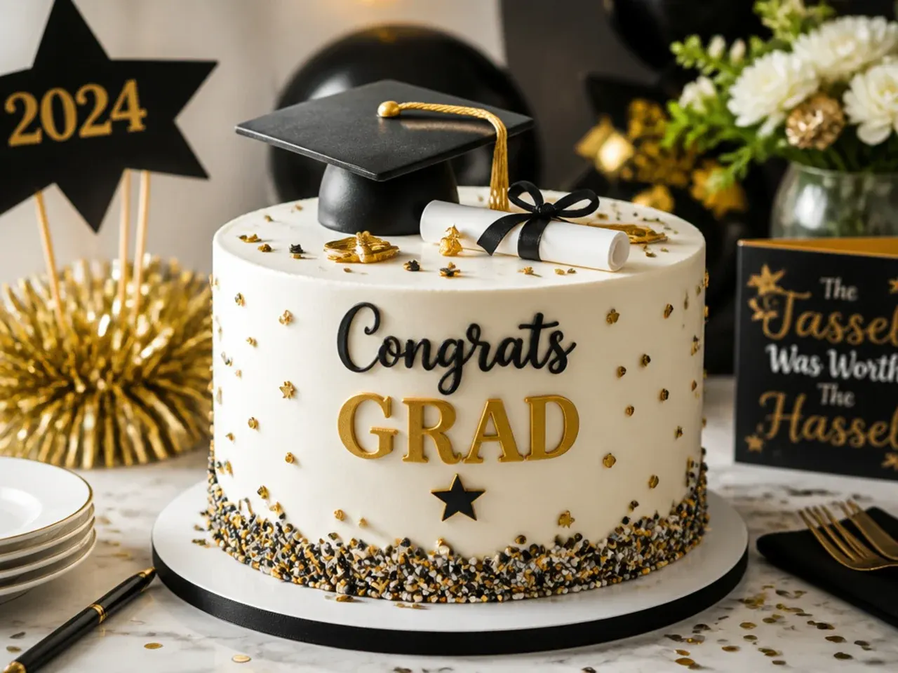 Neatly cut squares of graduation cake arranged on a serving platter with fresh berries