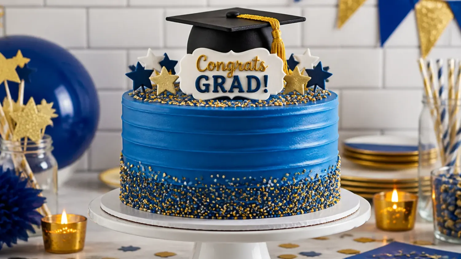 A stylish graduation sheet cake for a boy decorated with a fondant graduation cap, gold '2026' topper, and navy buttercream piping