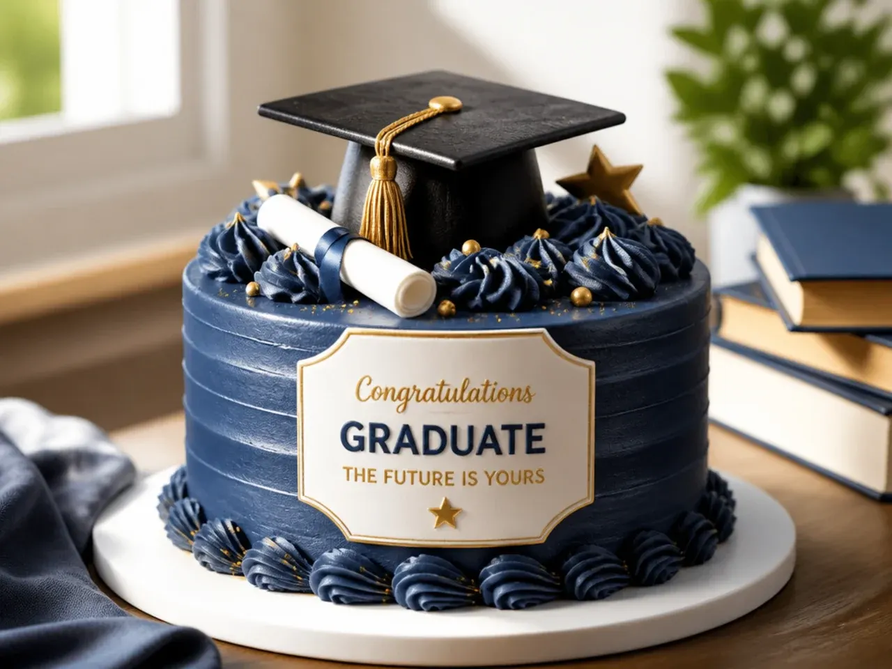 Overhead view of several decorated graduation cakes for boys lined up on a table