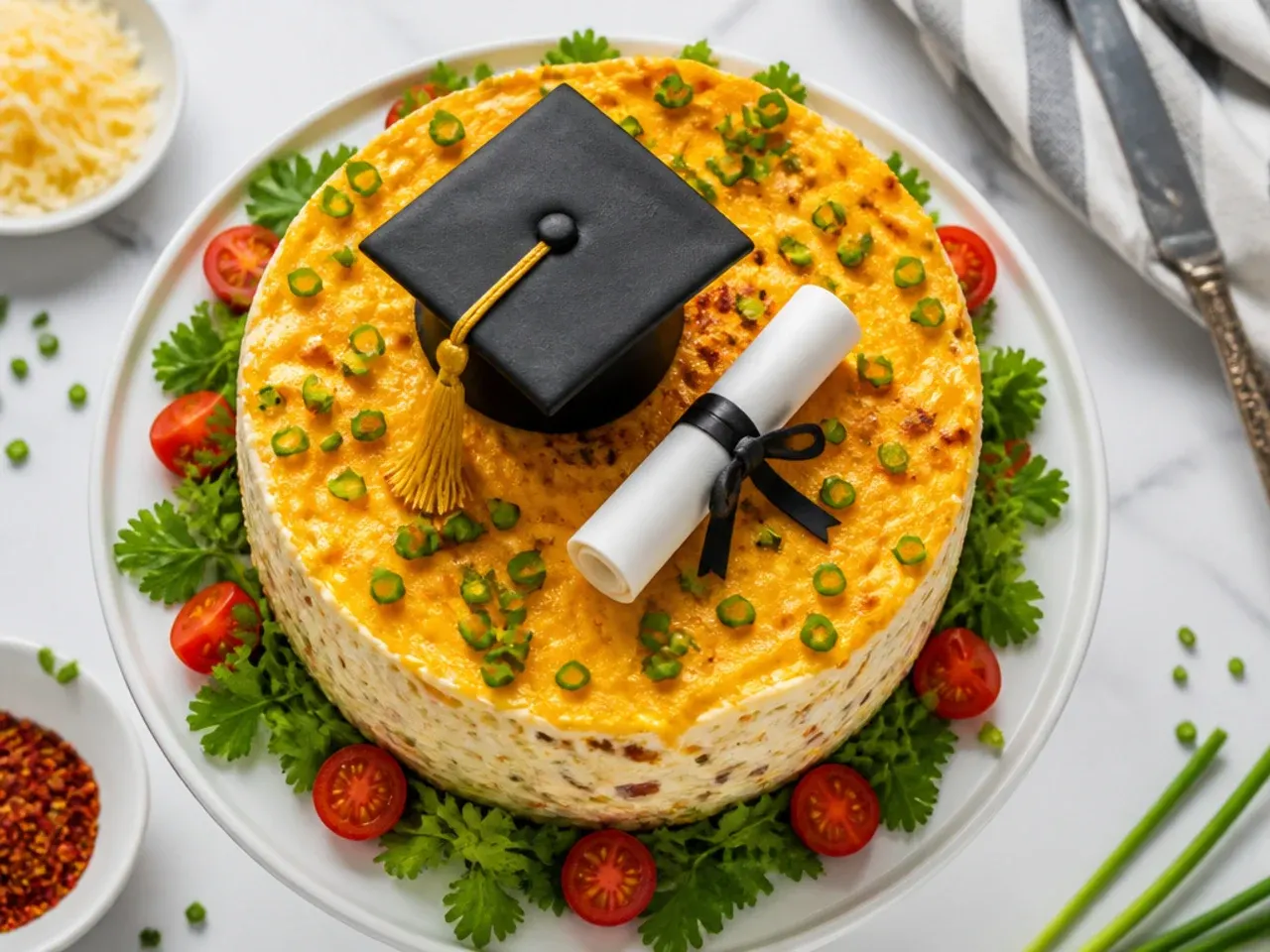 Round graduation cake with a fondant cap and rolled diploma topper in school colours