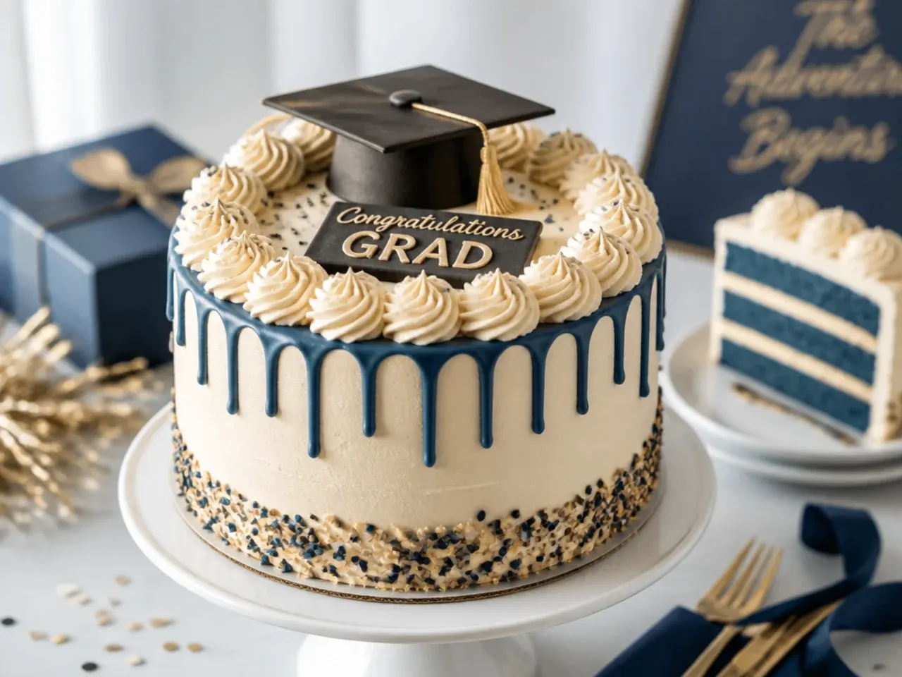 Navy blue drip cake with gold graduation year topper