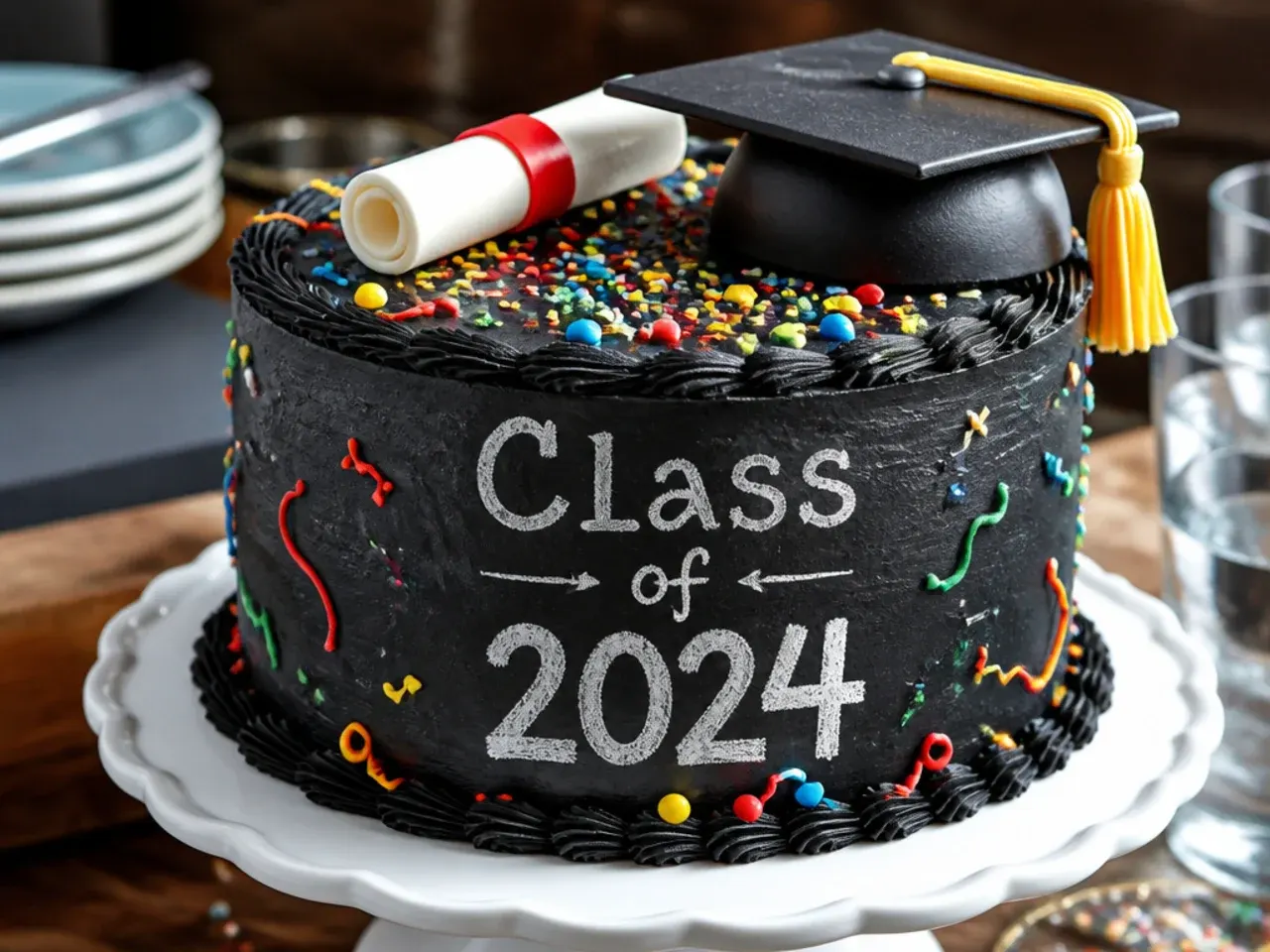 Dark chocolate chalkboard-style graduation cake with hand-lettered white icing message