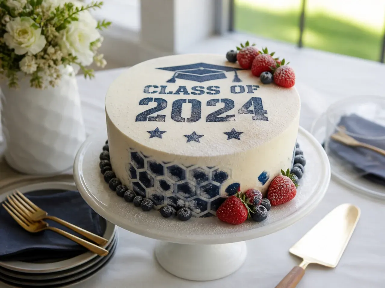White buttercream cake with a stencilled graduation cap pattern dusted in cocoa powder