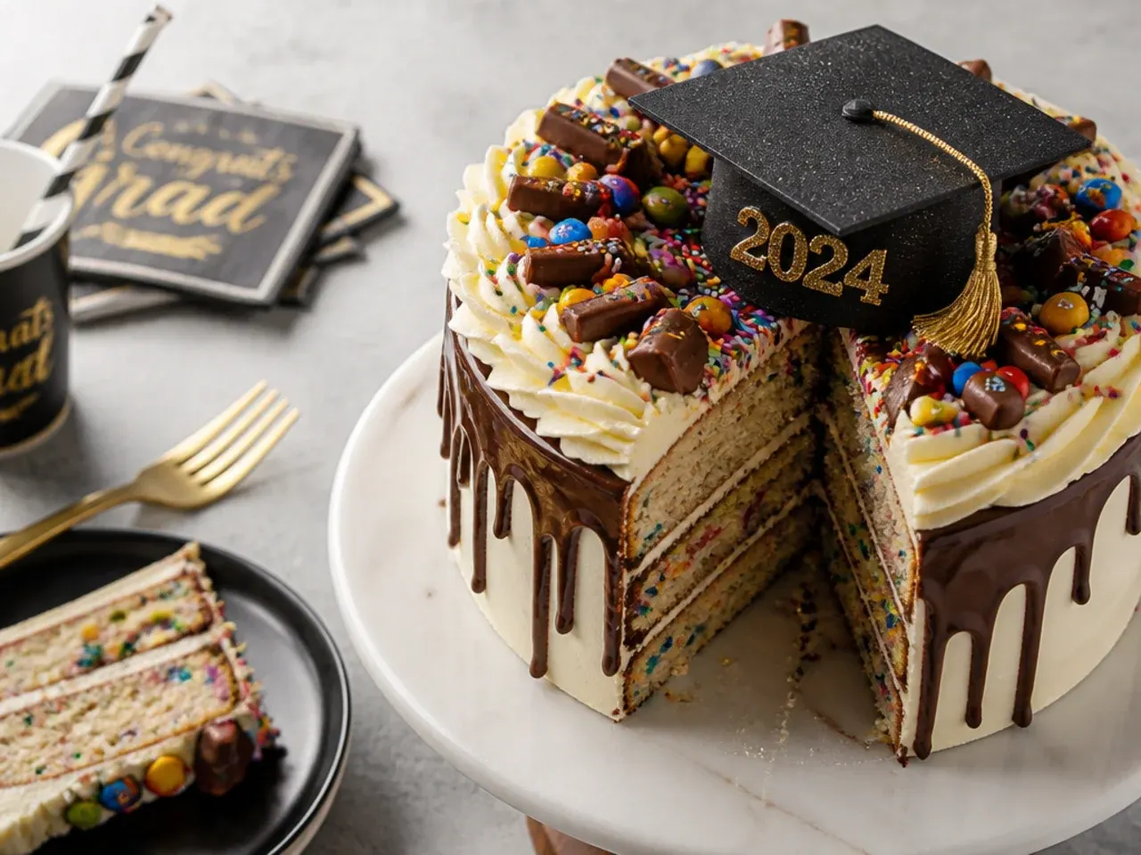 Graduation cake loaded with mini chocolate bars and colourful sprinkles