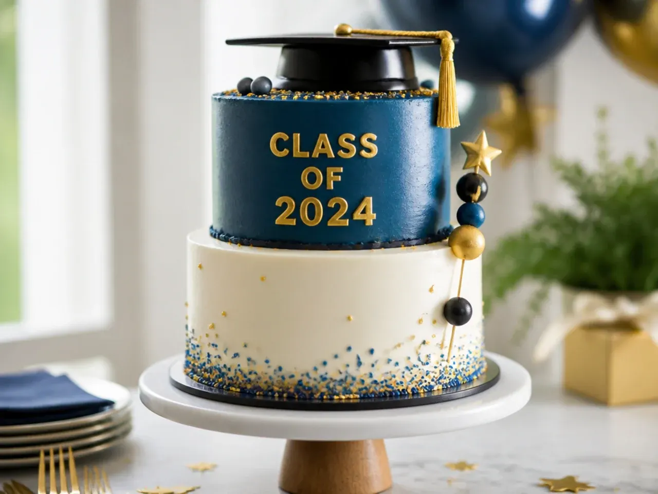 Two-tier graduation cake with gold accents and a fondant cap topper