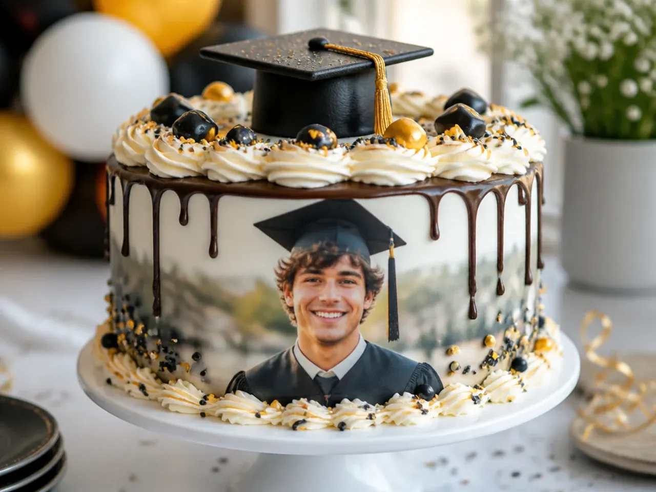Graduation cake topped with an edible photo print framed in a piped buttercream border
