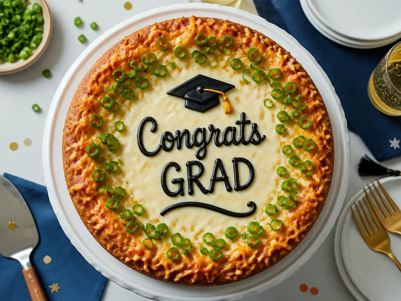 Simple budget graduation cake with two-tone buttercream swirl and printed topper