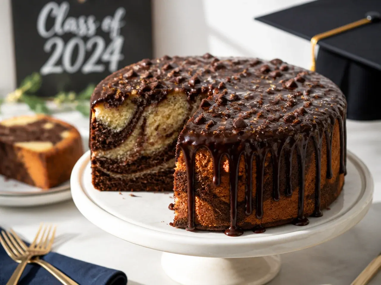 Sliced marble graduation cake showing swirled chocolate and vanilla pattern