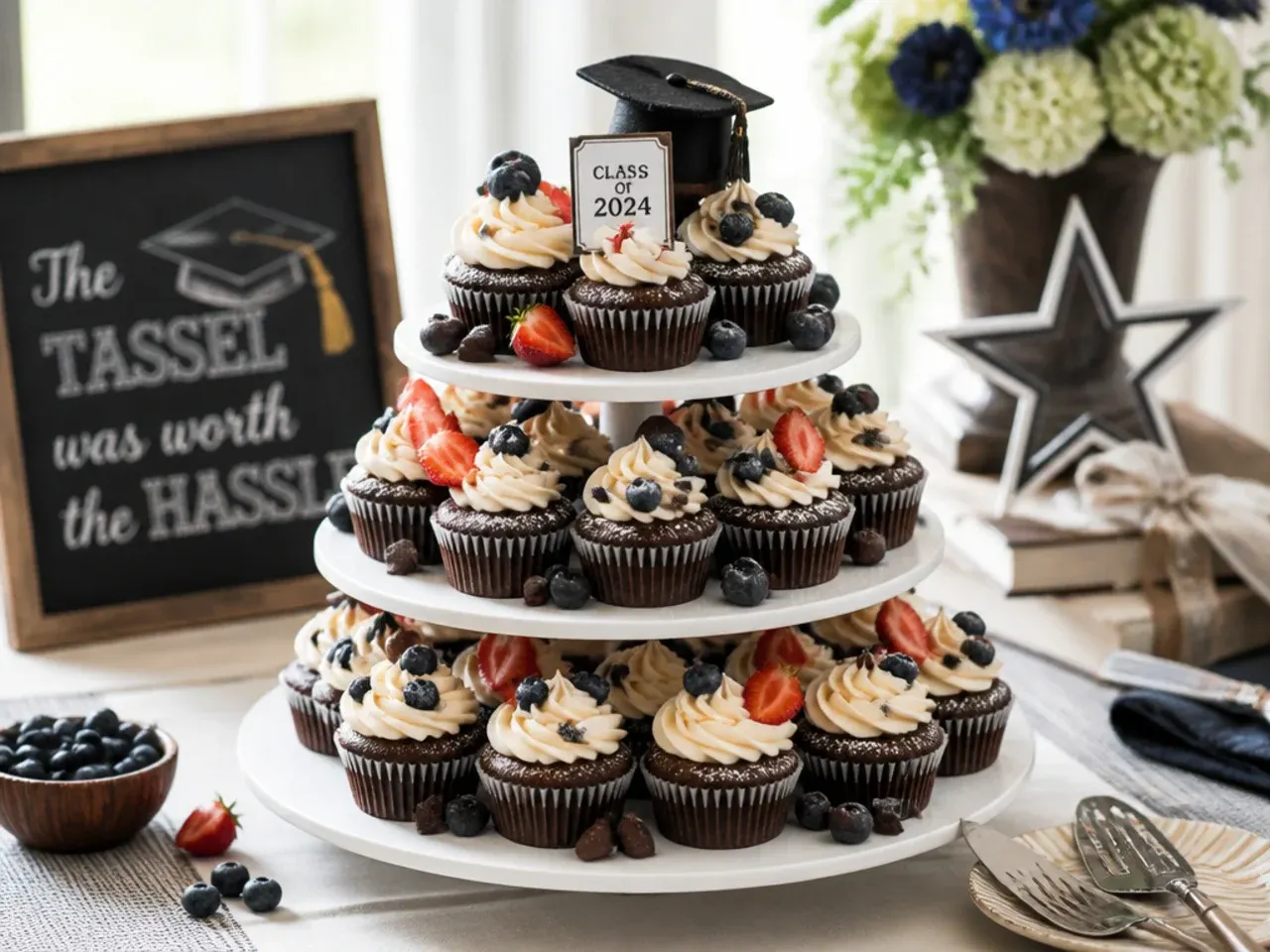 Tiered stand of graduation cupcakes with alternating school-colour buttercream swirls