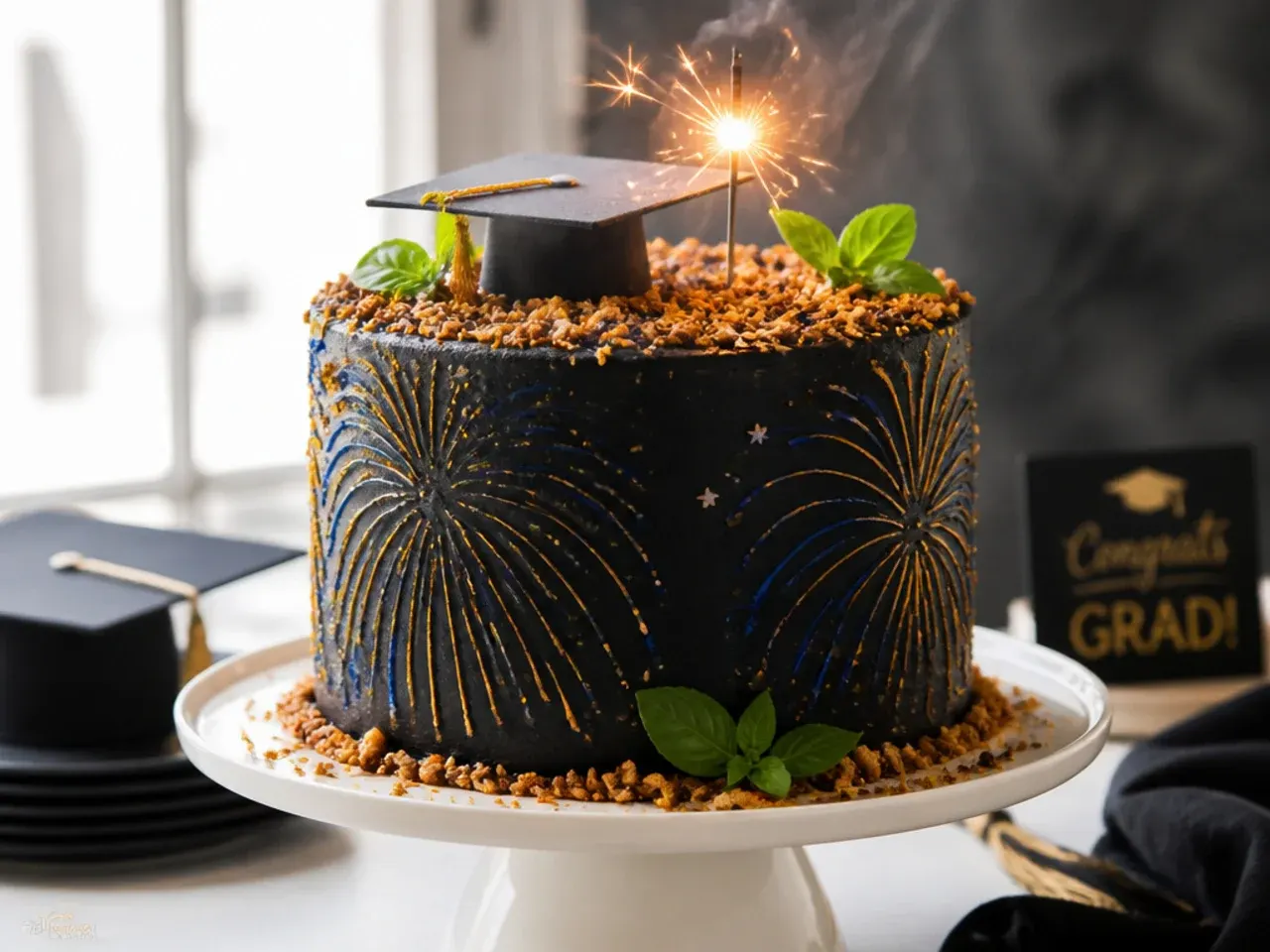 Graduation cake decorated with gold and silver buttercream piped in a fireworks burst pattern