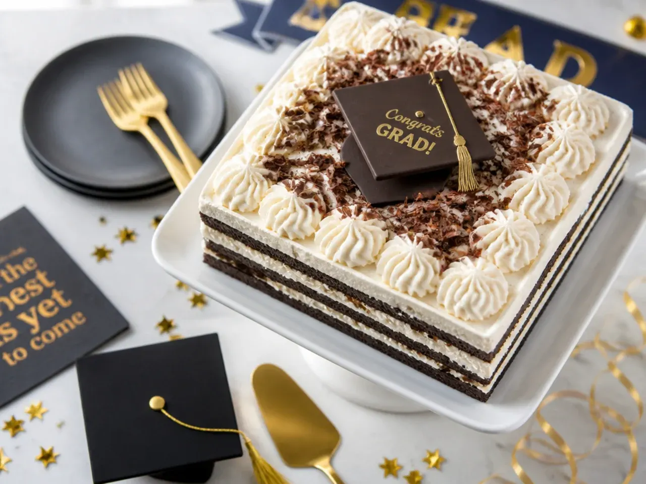 No-bake icebox cake layered with biscuits, whipped cream and chocolate, topped with a chocolate cap