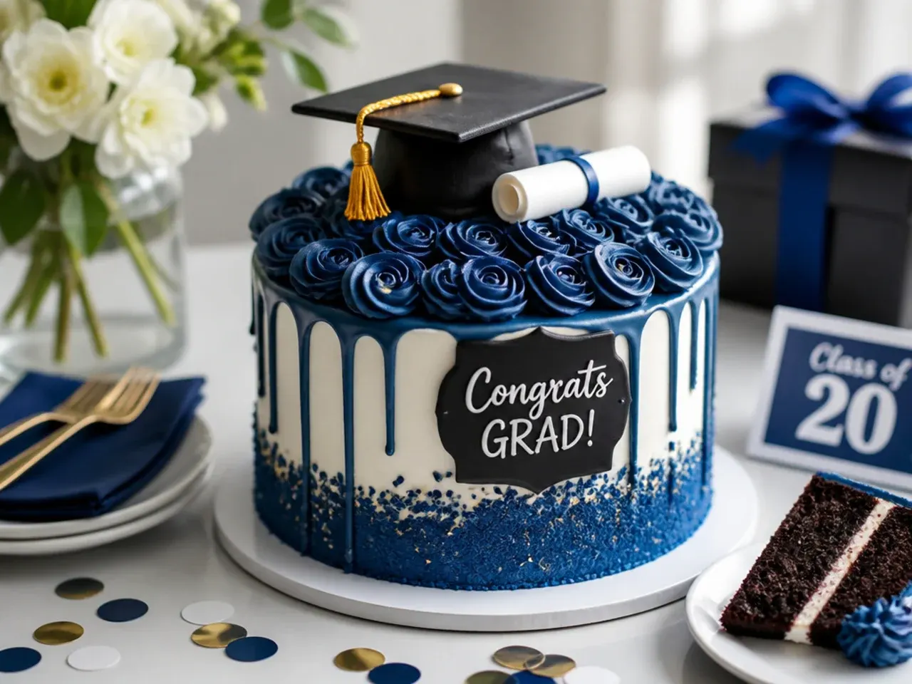 Sliced graduation cake served on plates alongside fresh fruit and iced lemonade