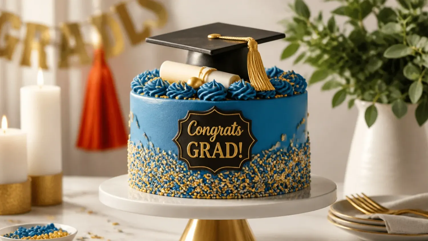 A round two-layer graduation cake finished with white buttercream, a gold drip, a fondant graduation cap and a piped tassel, on a white cake stand