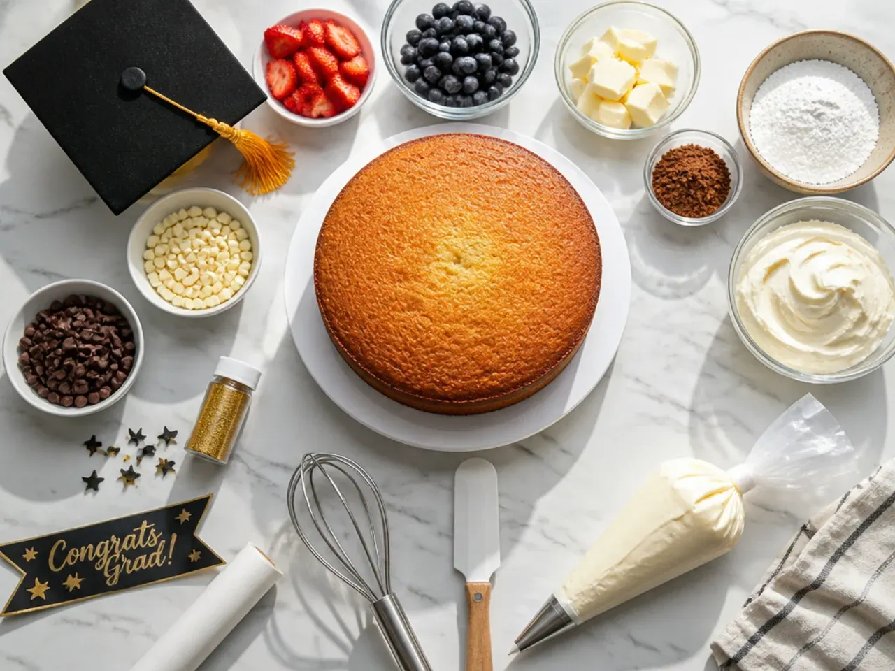 Close-up of a palette knife smoothing white buttercream on the side of a graduation cake, with a jug of hot water beside it