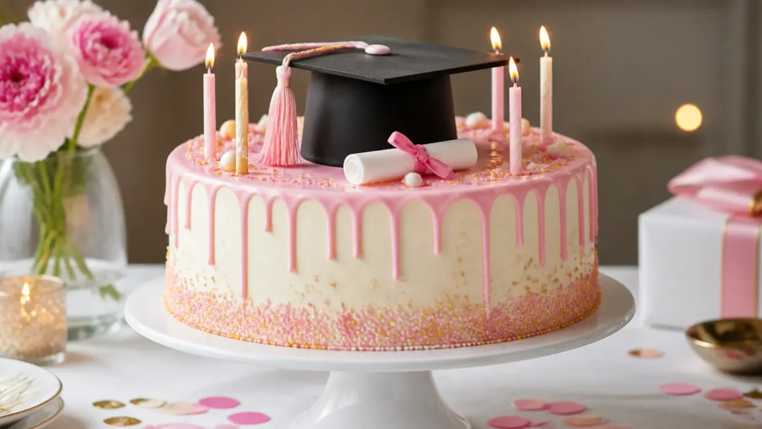 A two-tier white buttercream graduation cake topped with a fondant mortarboard cap and gold tassel, surrounded by rolled diploma scrolls
