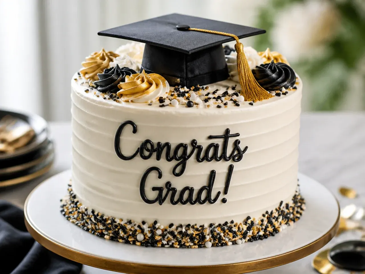 A row of finished graduation cakes in different styles lined up on a party table