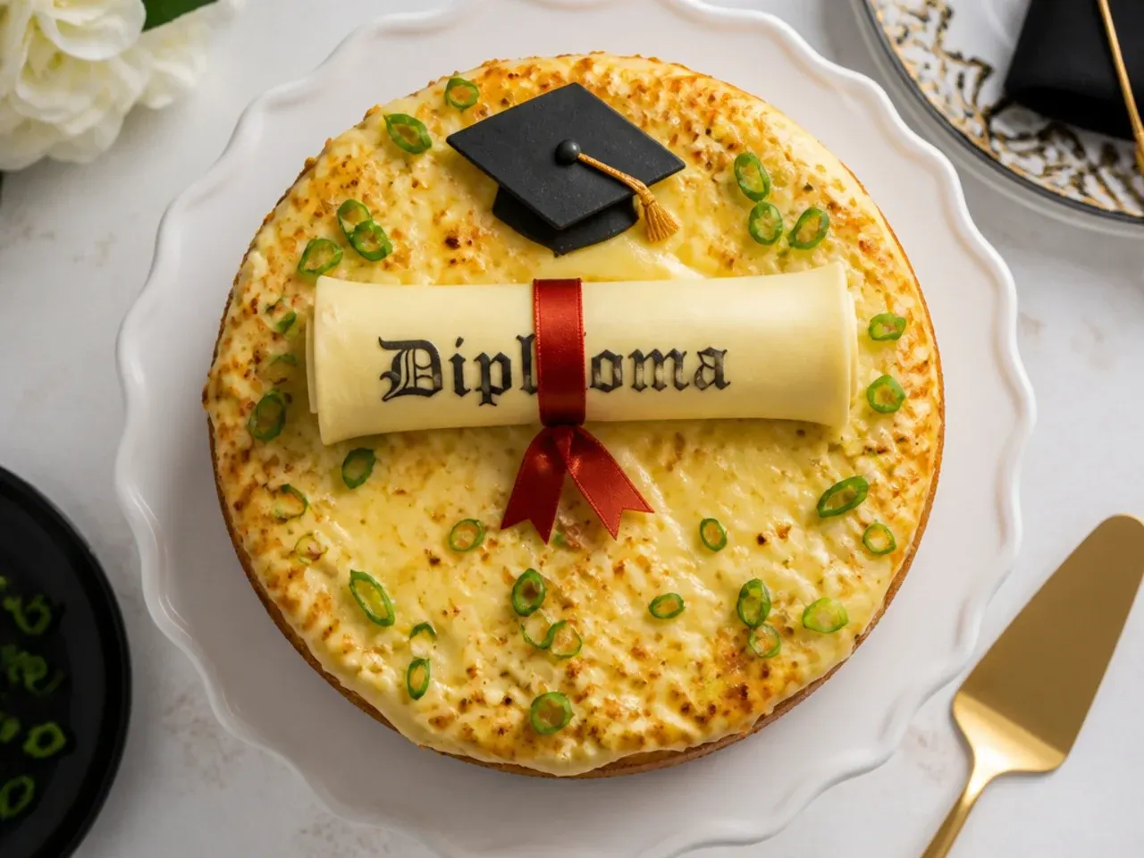 Round two-tier white buttercream cake with a fondant diploma scroll on top
