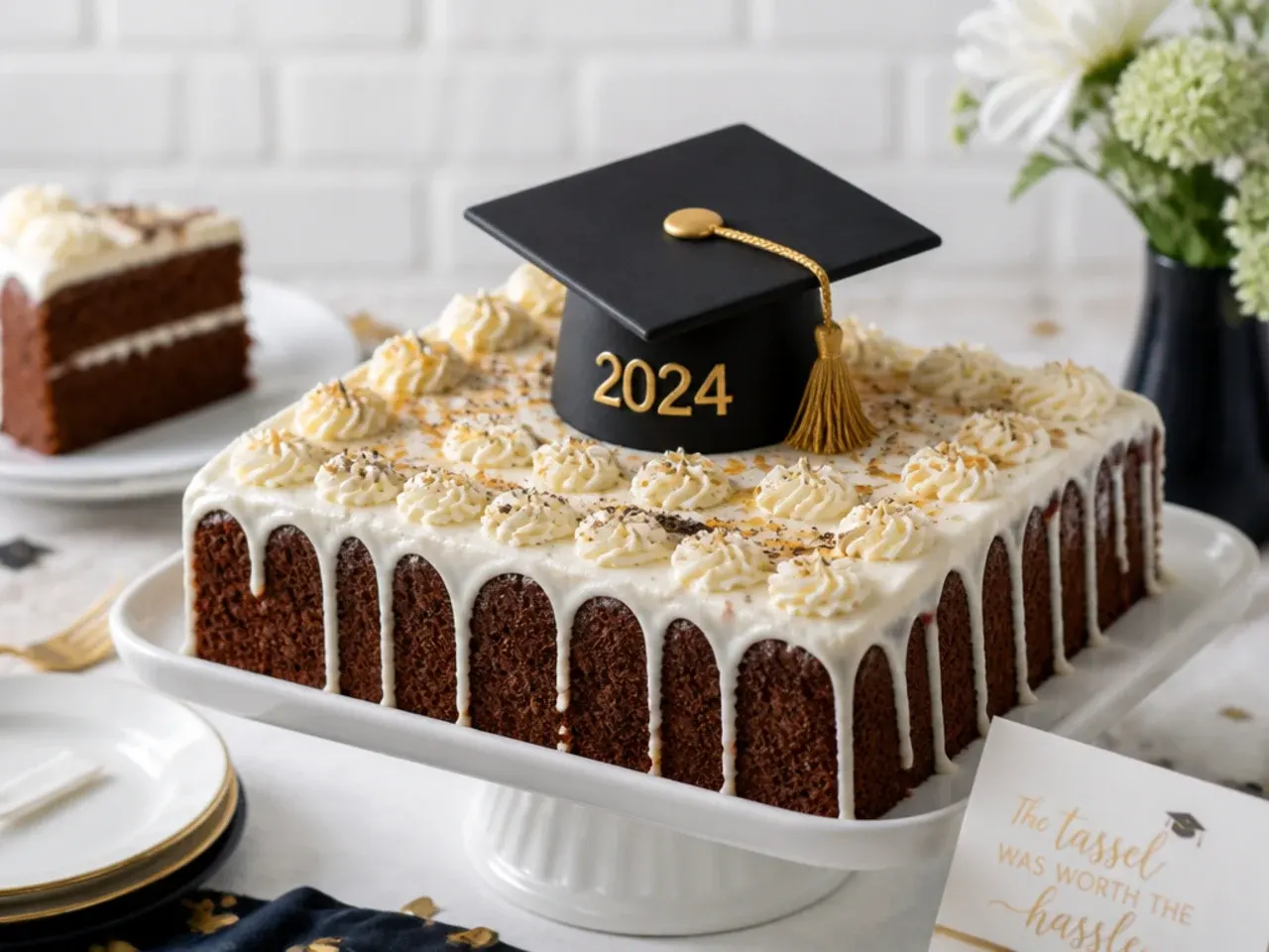 A rectangular sheet cake with white buttercream and a black fondant graduation cap topper