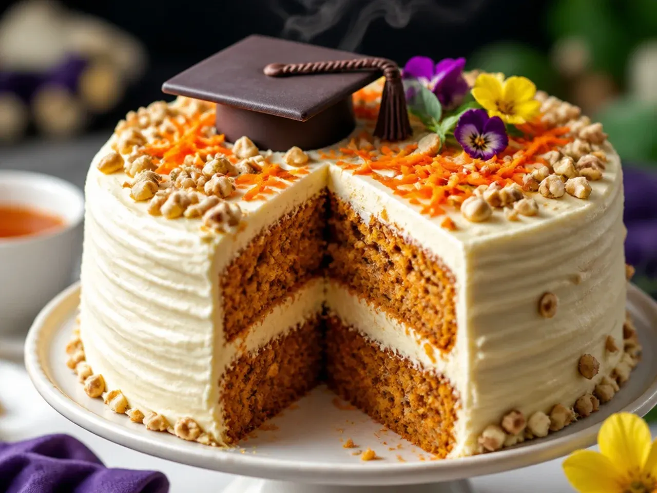 A frosted spiced carrot cake with cream cheese frosting and chopped pecans around the base
