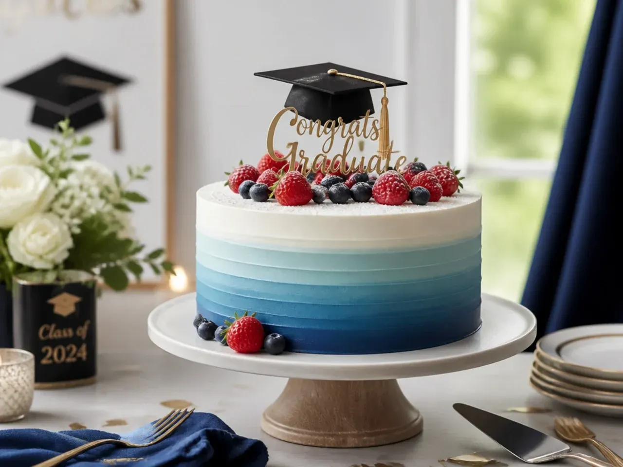 A single-tier cake with buttercream graded from dark to light blue up the sides