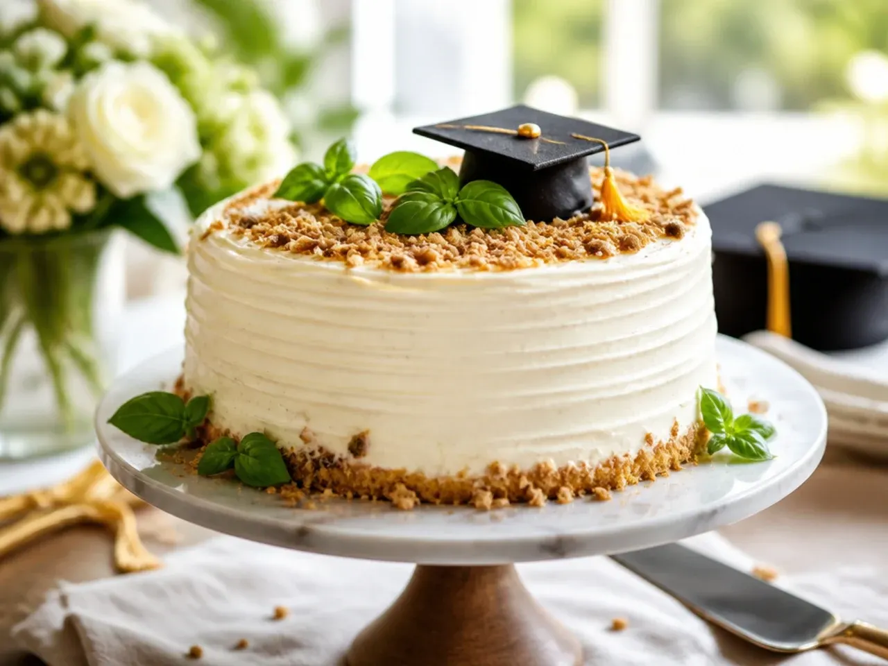 A cake frosted with pale, softly piped mascarpone frosting flecked with vanilla bean