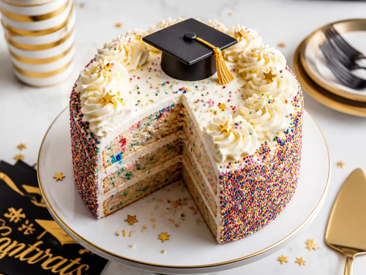 A sliced funfetti cake showing rainbow sprinkles baked through the sponge