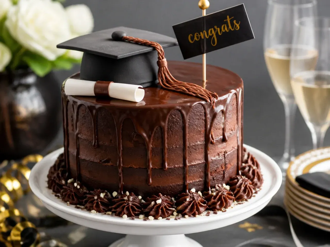 A dark chocolate ganache-covered cake with a glossy drip and black fondant graduation cap on top
