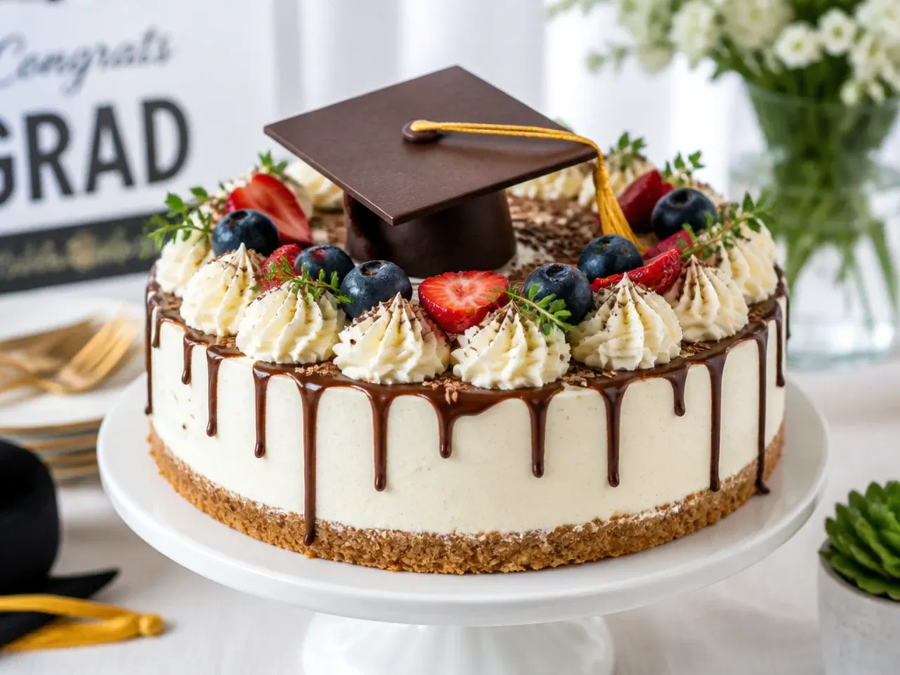 A smooth New York-style cheesecake topped with a fondant graduation cap and piped border