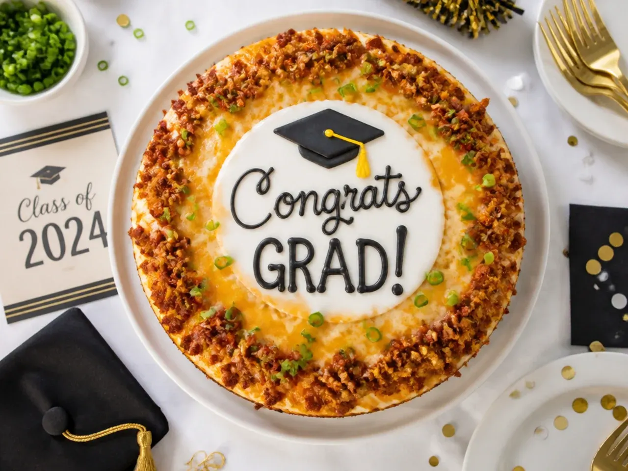 A simply frosted cake with a printed graduation photo topper and piped star border