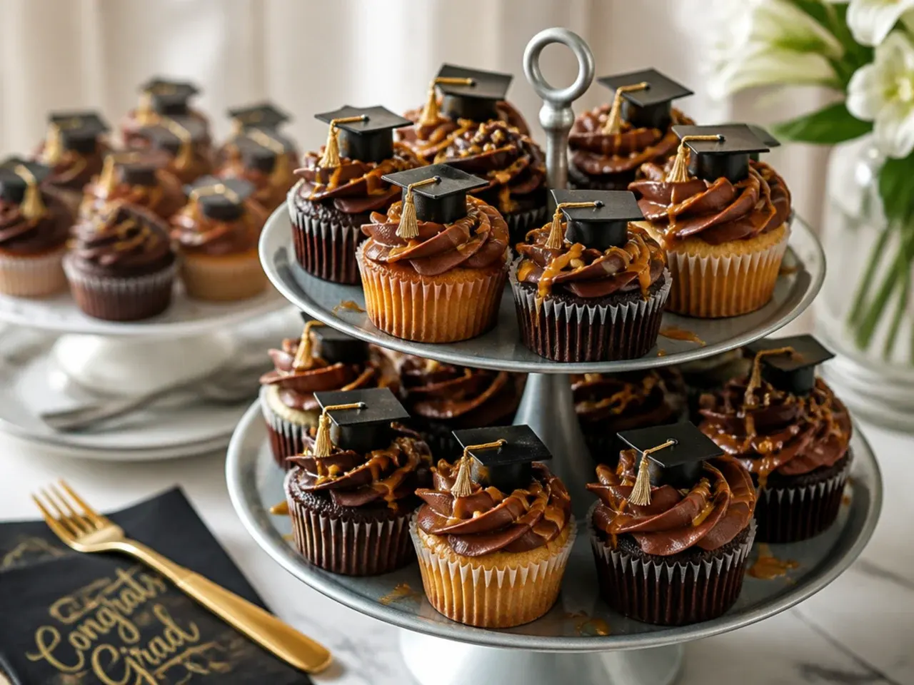 A tiered stand loaded with alternating coloured cupcakes topped with mini fondant graduation caps