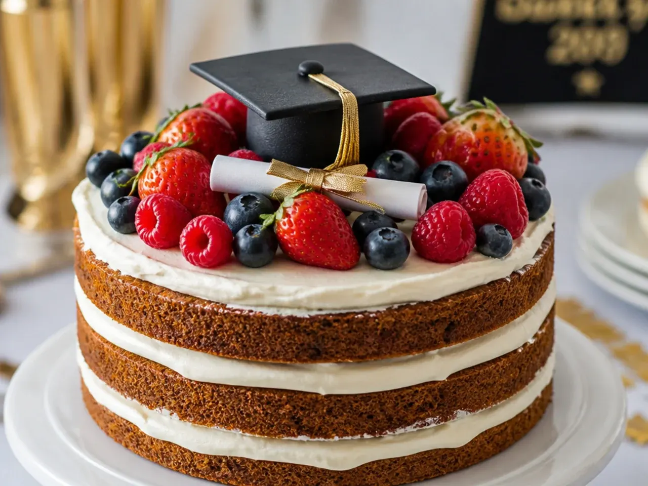 A semi-naked cake with visible sponge layers topped with fresh berries and edible flowers