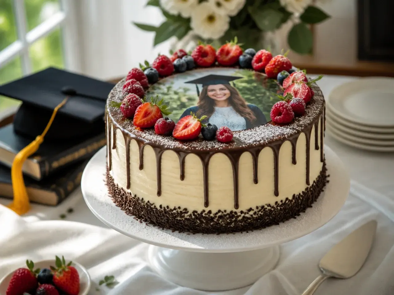 A cake topped with an edible photo print of the graduate as a child, framed with a piped border
