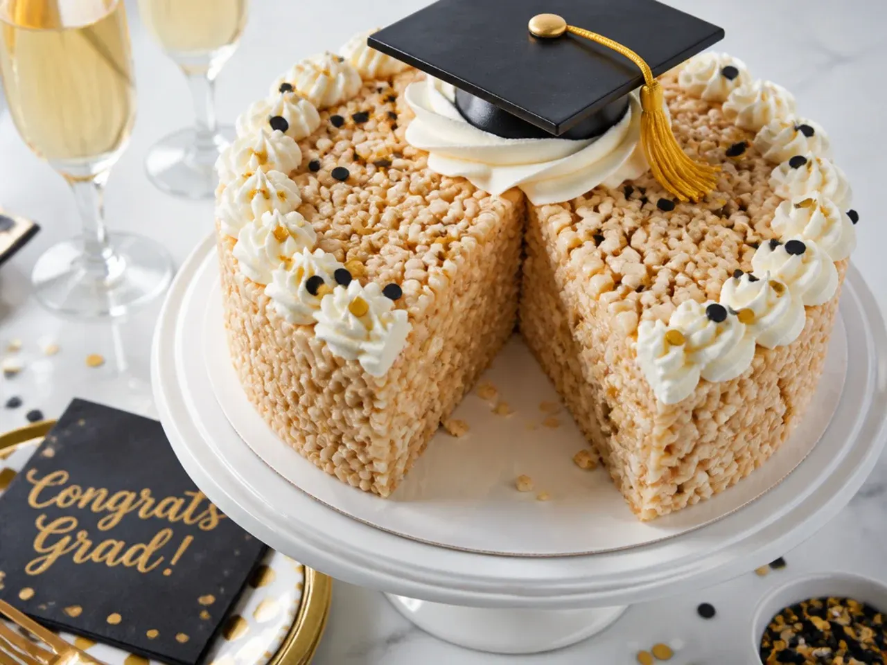 A round Rice Krispie treat shaped and decorated to look like a graduation cap, coated in dark chocolate